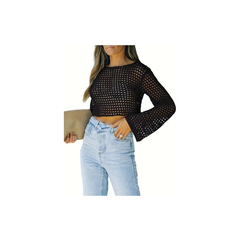 Womens Crochet Crop Top Long Sleeve See Through Hollow Out