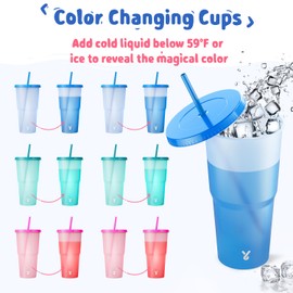 Meoky Plastic Cups with Lids and Straws - 6 Pack 40 oz Tumblers Bulk, Reusable Color Changing Cups for Party, Car, Women, Adults, Iced Coffee, BPA-free