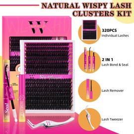 Wimpernverlängerungsset 320-teiliges Einzelwimpernbüschel 60D 80D Wimpernbüschelset Natürliches Wimpernset mit Wimpernkleber und -versiegelung, Wimpernentferner und Pinzette (D-Mix 9-16 mm Set)