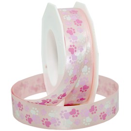 Morex Ribbon Precious Pets - Paws in Pink & White Satin, 7/8 inch by 20 Yards, Pink