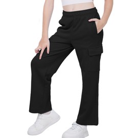 WULFUL Girl’s Cargo Sweatpants Wide Leg Fleece Lined Casual Pants for Girl Fall Winter Baggy High Waisted Pants with Pockets Black