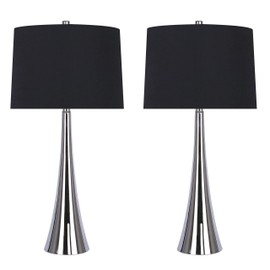 Grandview Gallery 29.5" Polished Nickel Mirrored Metal Table Lamp Set Featuring Tapered Curve Design and Black Silk-Like Drum Shades - Modern Lighting Perfect for Nightstands and End Tables (Set of 2)