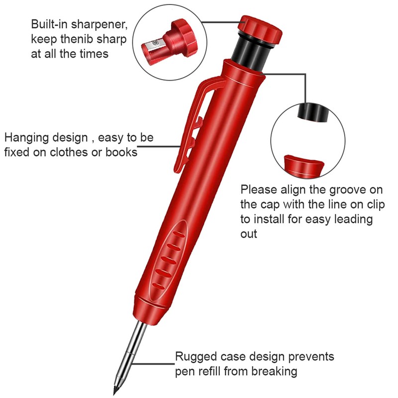 2 Pack Solid Carpenter's Pencil with 20 Refills, Deep Hole