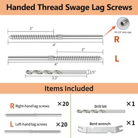 HEIDIBEAR 40pack T316 Stainless Steel Left&Right Handed Thread Swage Lag Screws Cable Railing Hardware Kit for Wood Posts of 1/8" Cable Railing Kit Deck Cable Railing Kit DIY Baluster kit, DR01