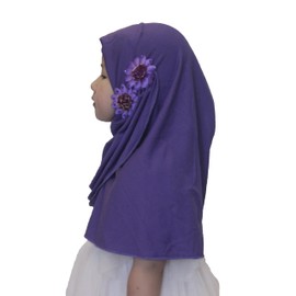 Modest Beauty Soft Instant Hijab for Kids Girls Muslim Headscarf Islamic Scarf Shawl Wrap with Flowers, Purple-2 Flowers, age 2-6