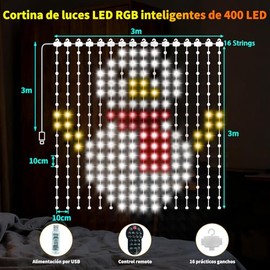 Cortina de Luces RGBIC Inteligentes 3 m x 3 m 400 LED luces con Control de APP + Remoto IR,Patrones y textos DIY,Varios patrones de vacaciones,subir imágenes y otros al para Navidad,Fiesta,Boda