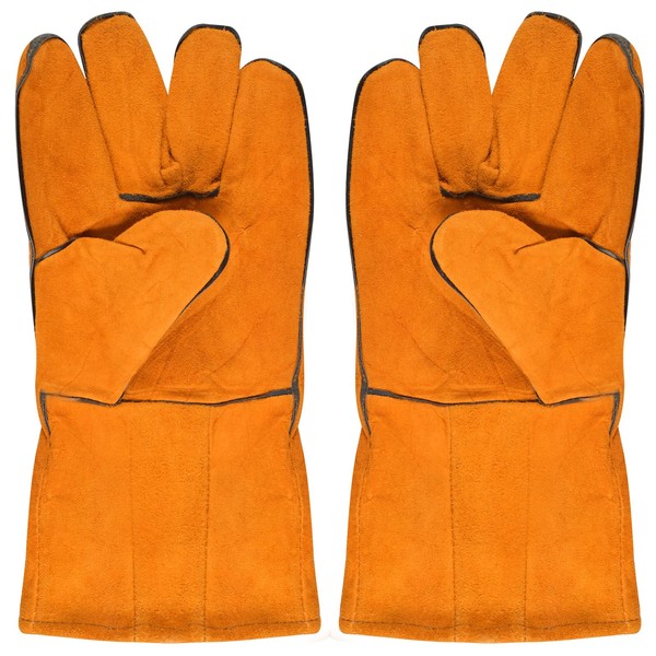 Barbecue Gloves, Fireplace Gloves, Fireproof, Warming BBQ Gloves, Heat Resistant Grill Gloves, Leather Welding Gloves (Brown)