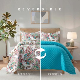 Elegant Comfort 3-Piece Boho Quilted Reversible Floral Paisley Bedspread Coverlet Set with Pillow Shams, Premium Stitching All Season Heavy Weight-Ultra Soft Luxury Quilt- Twin XL, Turquoise