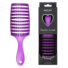 HAPPY HAIR Happy Detangler Paddle Brush with Boar Bristles & Nylon Pins | Designed by Women to Detangle & Smooth Thick, Fine or Curly Hair | Pain-Free Slick Back Brush, Ultra Lightweight (Purple)