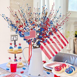 Phliofd 120 Pcs Artificial Jasmine Flowers Stems with Blue White Red Berry for Patriotic Decorations, 21.6" Long Stem Jasmine Faux Flowers for 4th of July Home Independence Day Decor