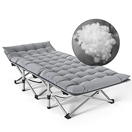ABORON Folding Camping Cot W/Mat for Adults, Heavy Duty Outdoor Bed with Carry Bag,1200 D Layer Oxford Travel Camp Cots for Indoor Outdoor (1, Stripe Gray & Cotton Pad)