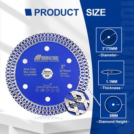 SHDIATOOL Diamond Cutting Disc 3-Inch/75mm, X Mesh Turbo Saw Blade Arbor 3/8-Inch/10mm, Cut-Off Wheel for Porcelain Tile Ceramic Granite Marble on Mini Angle Grinder(4-Pack)