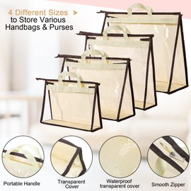 16 Pack Clear Handbag Storage Organizer and 16 Stainless Steel S-Hooks Anti-dust Purse Storage Bags with Zipper and Handle Moisture Proof Dust Cover Organizer Bags for Closet Hanging, 4 Assorted Sizes
