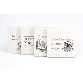 4 Absorbent Ceramic Drink Coasters with Cork Back, Artist Designed, 4” Square Coaster Set, Protects Tabletop, Great Housewarming Gift (I'm Reading (Simple))