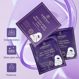 La Belle Royale Bio Collagen Real Deep Mask, Hydrating Face Sheet Mask with Hyaluronic Acid, 1.13 oz, 4 Pack