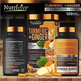 Nutrivive Turmeric w/Ginger BioPerine 1500mg Blk Pepper 120 Caps-X-9/26-2 pack