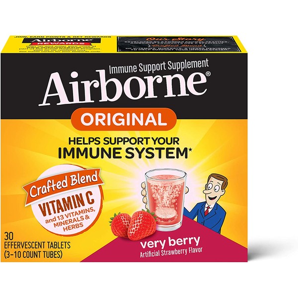 Airborne 1000mg Vitamin C with Zinc Effervescent Tablets, Immune Support Supplement with Powerful Antioxidants Vitamins A C & E - (30 count box), Very Berry Flavor, Fizzy Drink Tablets, Gluten-Free
