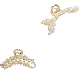 Flower Metal Hair Claw Clips, 2 Pcs, Cute Large Non-Slip, Strong Hold Hair Claws, Headwear Diamond studded pearl retro large shark clip (Golden, One size)