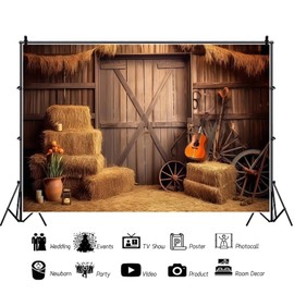 7x5ft Western Backdrop Rustic Wooden Barn Door Haystack Photography Background Western Themed Cowboy Birthday Party Decorations Banner Portraits Photo Studio Props