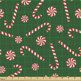Lunarable Candy Cane Fabric by The Yard, Xmas Season Sweets Candy Cane Lollipop Merry Christmas Theme, Decorative Fabric for Upholstery and Home Accents, 1 Yard, Fern Green