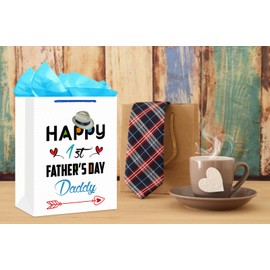 WaaHome First Fathers Day Gift Bag for New Dad - 13" Large Happy 1st Fathers Day Gift Bag with Tissue Paper Dad Wrapping Paper Bag Gifts for First Time, Expectant, New Dad Daddy to Be from Daughter Son Baby