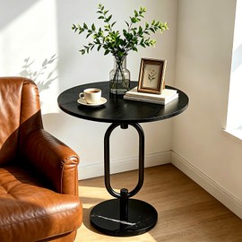 17In(W) x19In(H) Black Round Side Table Heavy Duty Modern End Table Stable Sofa Side Table Sturdy Marble Base Integrated Small Accent Table Nightstand for Living Room Bedroom