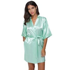 The Bund womens Pure Colour Short Kimono Robes with Oblique V-Neck Aquamarine Medium