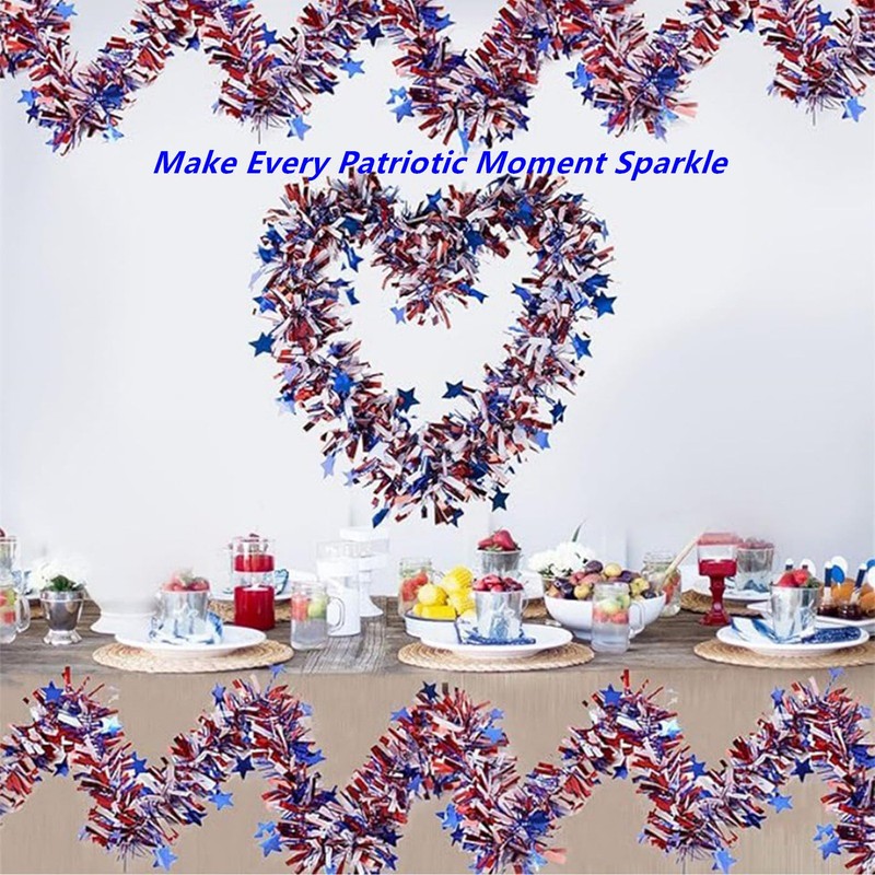 Garland Patriotic Decor Red White Blue Metallic Tinsel with Stars