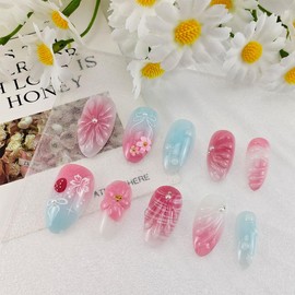 24Pcs Flower Press on Nails Almond Medium Fake Nails 3D Pearl Glue on Nails Bow False Nail Pink Handmade Stick on Nail Cute Floral Acrylic Nail for Women French Gel Salon Manicure