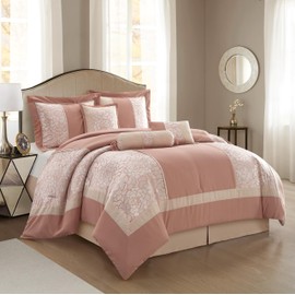 Stratford Park Blush Comforter Set Queen Size, 7 Piece Jacquard Soft Bedding Set, All Season, Bedskirt, Pillows & Shams