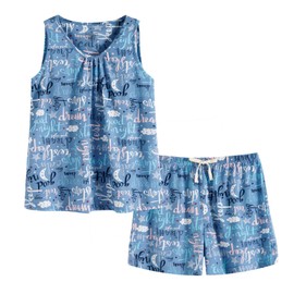 CHUNG Women's Cotton Pajama Set Cute Patterned Tank Top Sleeveless T Shorts Sleepwear Summer Plus Size loungewear,Blue Letter,XL
