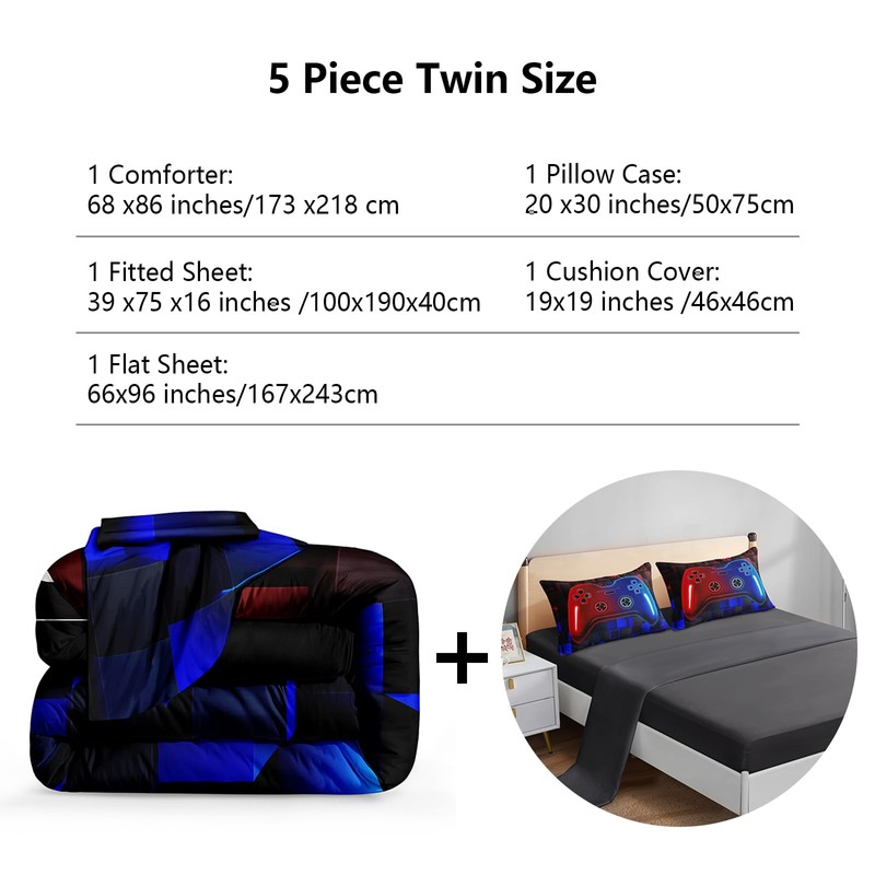 ROWADALO 5 Pieces Bed in A Bag Gamer Bedding Set
