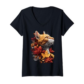 Womens Tabby Cat with Autumn Leaves Fall Flowers Feline Animal V-Neck T-Shirt