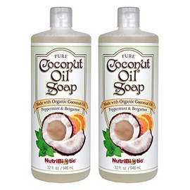 NutriBiotic – Pure Coconut Oil Soap, Peppermint & Bergamot, 32 Oz. Twin Pack | Certified Organic, Biodegradable | Vegan & Made without GMOs, Gluten, Parabens or Sulfates | Rich, Cleansing Lather