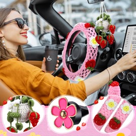 BBTO 11 Pcs Crochet Car Accessories Set, Cute Handmade Crochet Steering Wheel Cover Ceramic Cup Holder Daisy Car Hanging Ornament Air Conditioner Decoration for Women Ladies Car Decorations