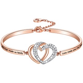 Aihitero - Pulsera de corazón con texto en inglés "Marriage Made Us Family Love Made You My Mom", de oro rosa, joyería de boda, cumpleaños, aniversario, regalo de Navidad de nuera, Oro rosa, Circonita cúbica