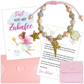 QckZee Tooth Fairy Gifts Girls, Tooth Fairy Postcard Pearl Bracelet Milk Tooth Surprise, Colourful Bracelets for Enclosing Birthday Christening Christmas Gifts for Daughter Niece Godchild