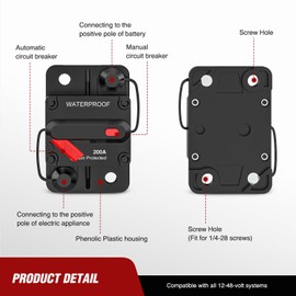 Nilight 200A Circuit Breaker Resettable 12-48V DC Manual Reset w/Copper Wire Lugs Surface Mount Overload Protection for Car Audio Sound Amplifier System RV Marine Boat Truck