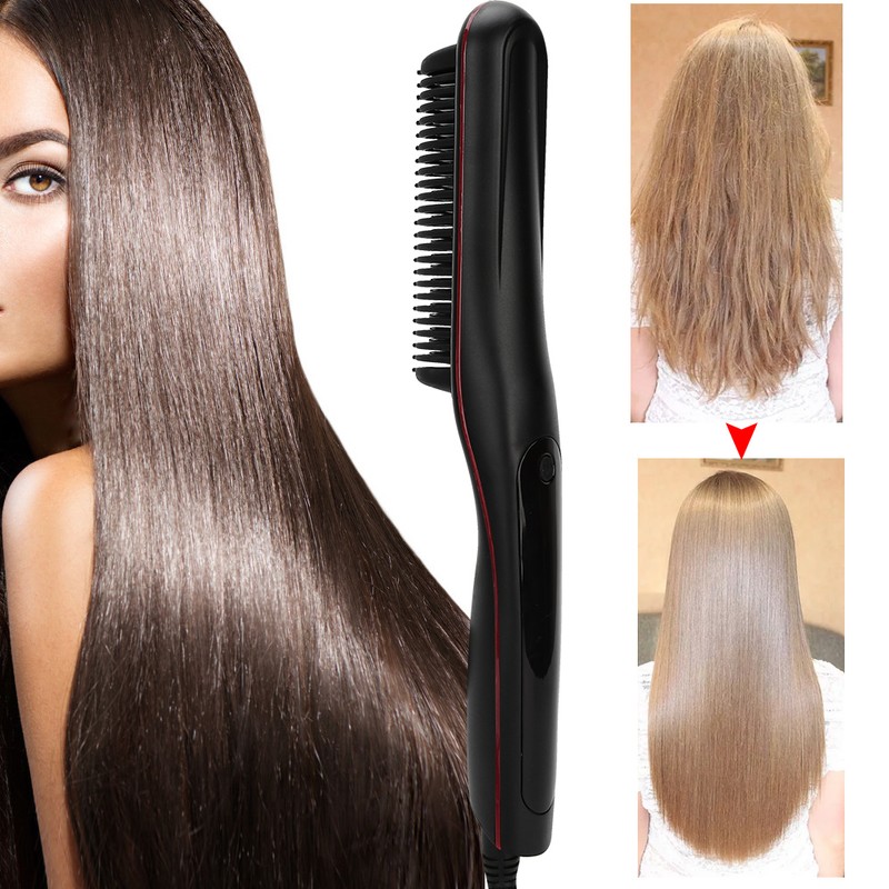Electric Hair Straightener Comb Anti Scald Beard Straightener Brush (Black