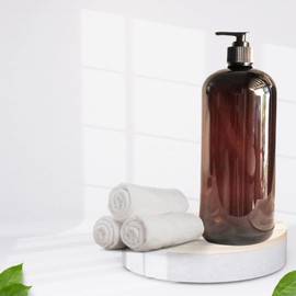 32 oz Amber Plastic PET Plastic Bottle with Black Hand Lotion Pump and Kraft Labels (1)
