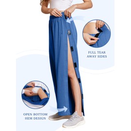 Deyeek Women's Catheter Pants Side Snap Tear Away Open Bottom Sweatpants Post Knee Surgery Breakaway Pants with Pockets M Sea Blue