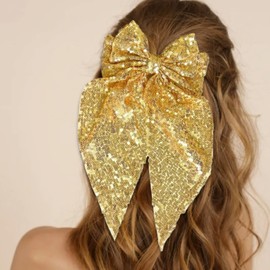 2 Pcs Big Glitter Hair Bows for Women Girls Sequin Hair Bows Clips with Long Tail Large Hair Barrettes Rainbow and Rose Gold Sparkly Hair Accessories for Women Girls