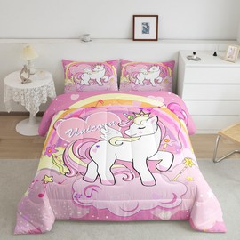 Girls Unicorn Comforter Set Full Girls Bedding Set Cute Rainbow Unicorn Print Comforter Kids Cartoon Kawaii Quilt Galaxy Stars Fantasy Girls Room Decor Unicorn Reversible Pink Boys