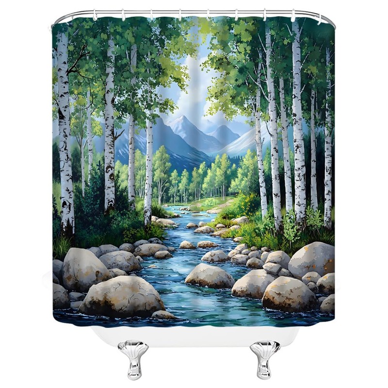WUASDCS Nature Forest Stream Shower Curtain Spring Birch Trees Mountain