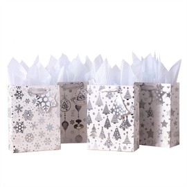 OfficeCastle 4 Pack Large Christmas Gift Bags with Tissue Paper, 13" Silver Paper Bags with Handles, 10x4x13in, Xmas Gift Bags Christmas Treat Bags