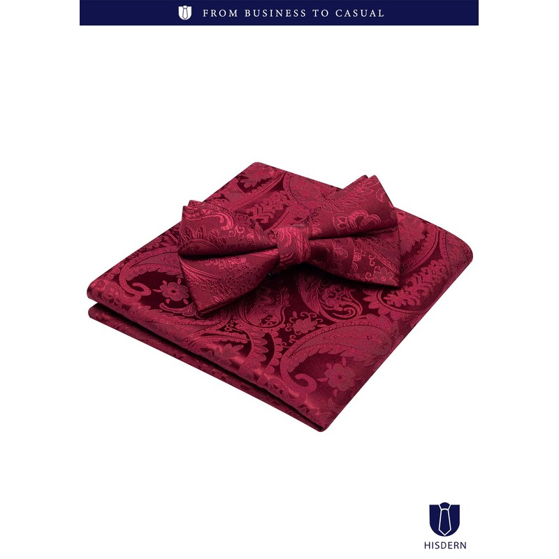 HISDERN Men's Bowtie, One-Touch Paisley Pattern, Bowtie, Chief Set, For