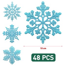 JANMIN 48pcs Christmas Glitter Snowflakes, Plastic Snowflake Ornaments Glitter Snowflakes Hanging Crafts for Xmas Tree Decorations, Blue