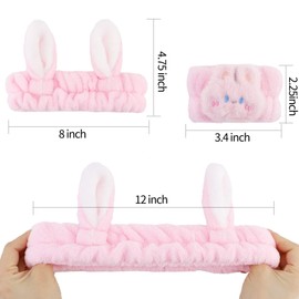Wrist Wash Band with Hairband, Pack of 3 Bunny Ears Headband Make Up, Face Wash Headband, Pink, Headband Cosmetic Rabbit Ears for Spa, Yoga, Beauty