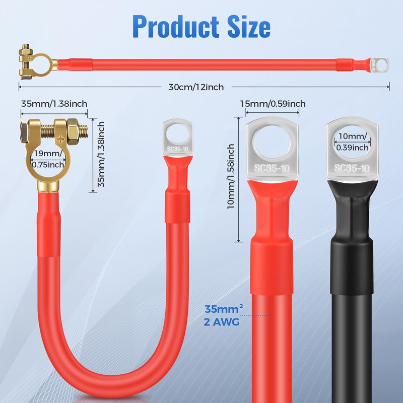 Thlevel 2PCS 2AWG Battery Cables 12 Inch, 30CM 2 Gauge
