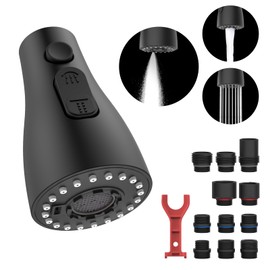 DEERFEI Pull Down Kitchen Faucet Spray Head Replacement, 3-Function Nozzle with 11 Adapters, Matte Black Finished